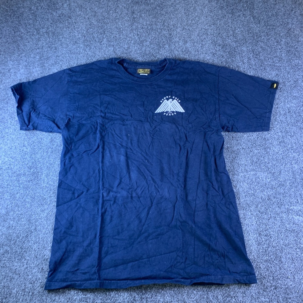 Benny Gold T Shirt Mens M Navy Blue Think Peace Eagle Shaped Graphic READ